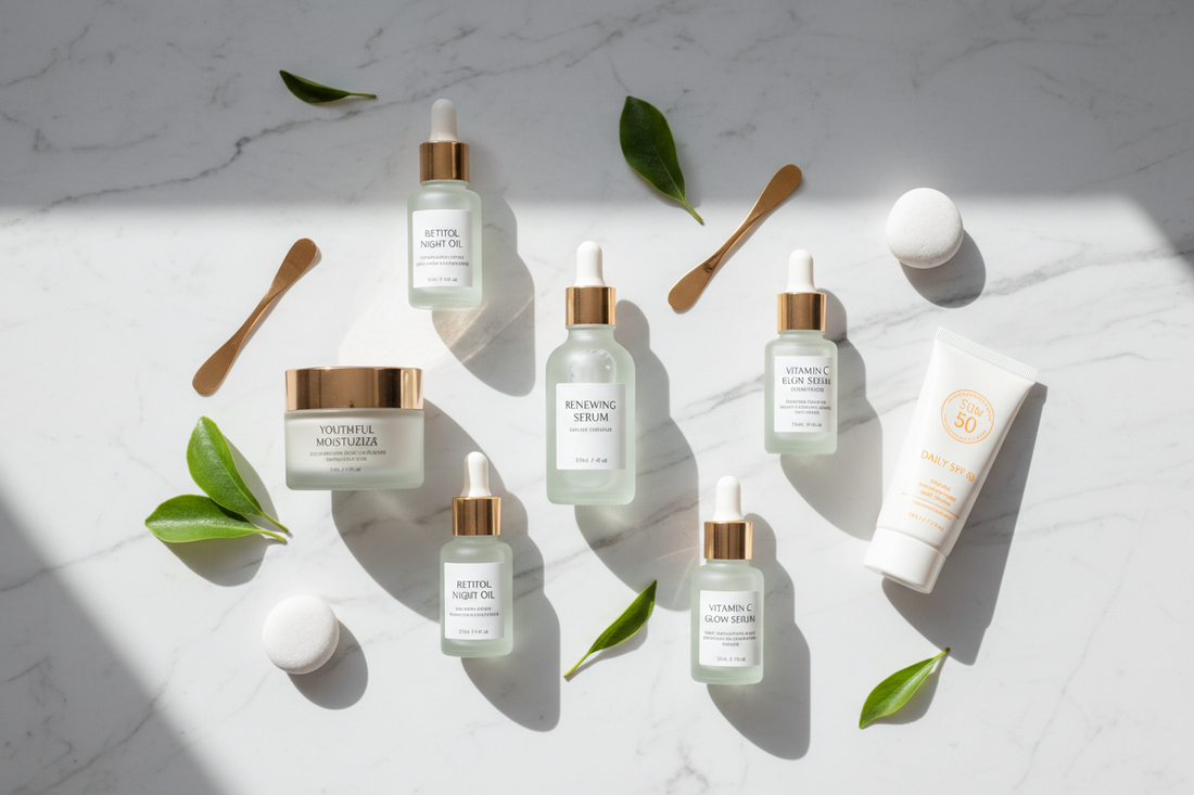 Anti-aging skincare products including retinol, vitamin C serum, moisturizer and SPF arranged on white marble surface