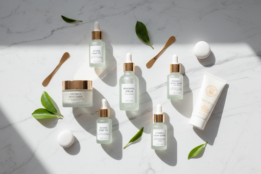 Anti-aging skincare products including retinol, vitamin C serum, moisturizer and SPF arranged on white marble surface
