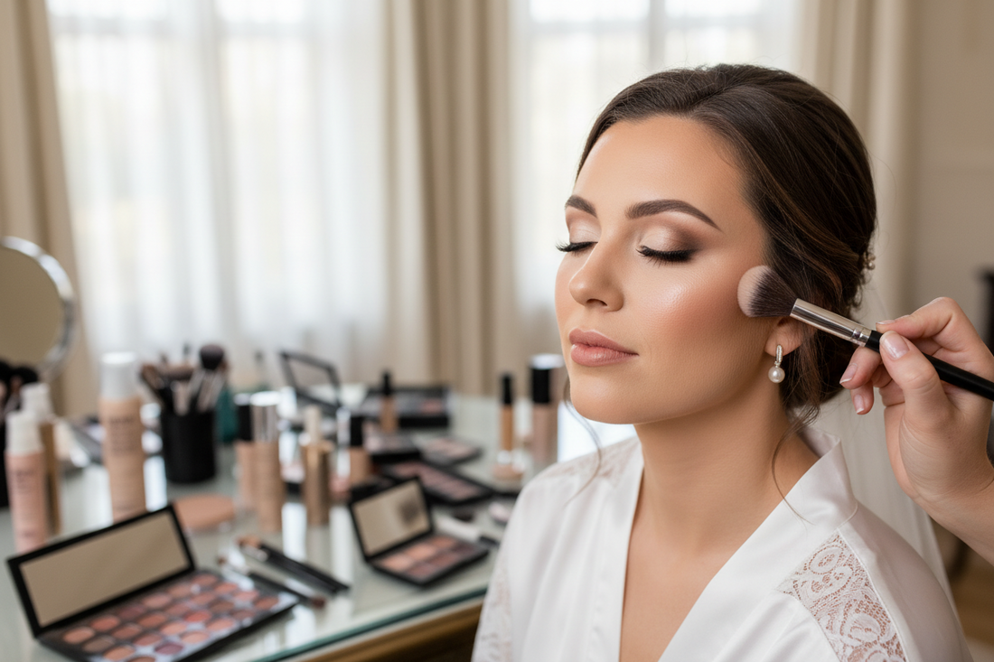 Professional bridal makeup application showing a bride with flawless wedding day beauty, featuring soft neutral eyeshadow, defined lashes, glowing radiant skin, and natural pink lips in a luxurious beauty setting