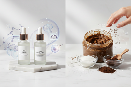 Chemical vs physical exfoliant products on white marble surface