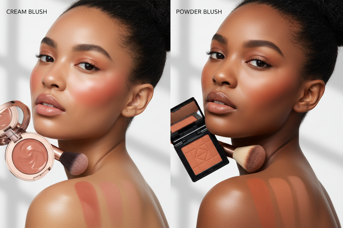 Cream blush versus powder blush comparison showing different textures, finishes, and application methods for various skin types