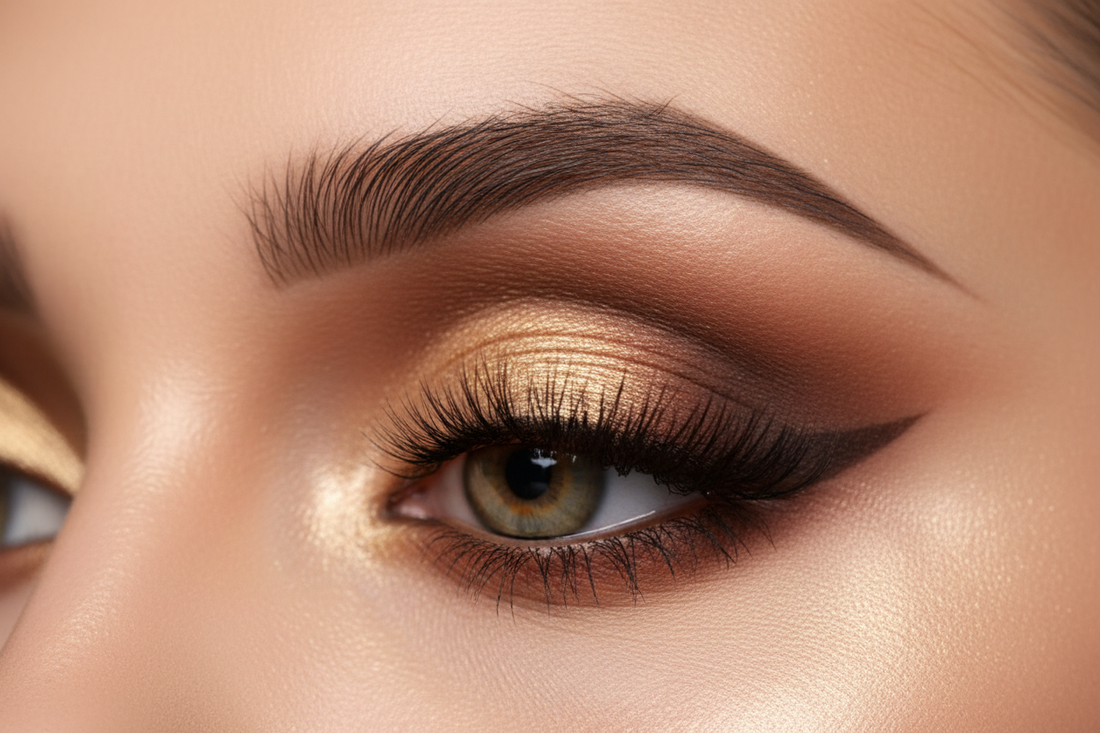 Professional cut crease eyeshadow tutorial showing dramatic eye makeup with gold shimmer on lid and brown matte shadow in crease with sharp defined line