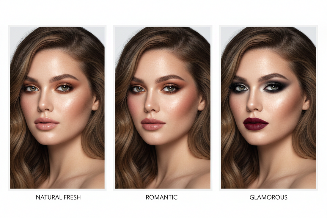 Three date night makeup looks from natural to glam: fresh everyday makeup with dewy skin and nude lips, romantic dinner makeup with bronze eyeshadow and rose lipstick, glamorous evening makeup with smokey eyes and berry lips