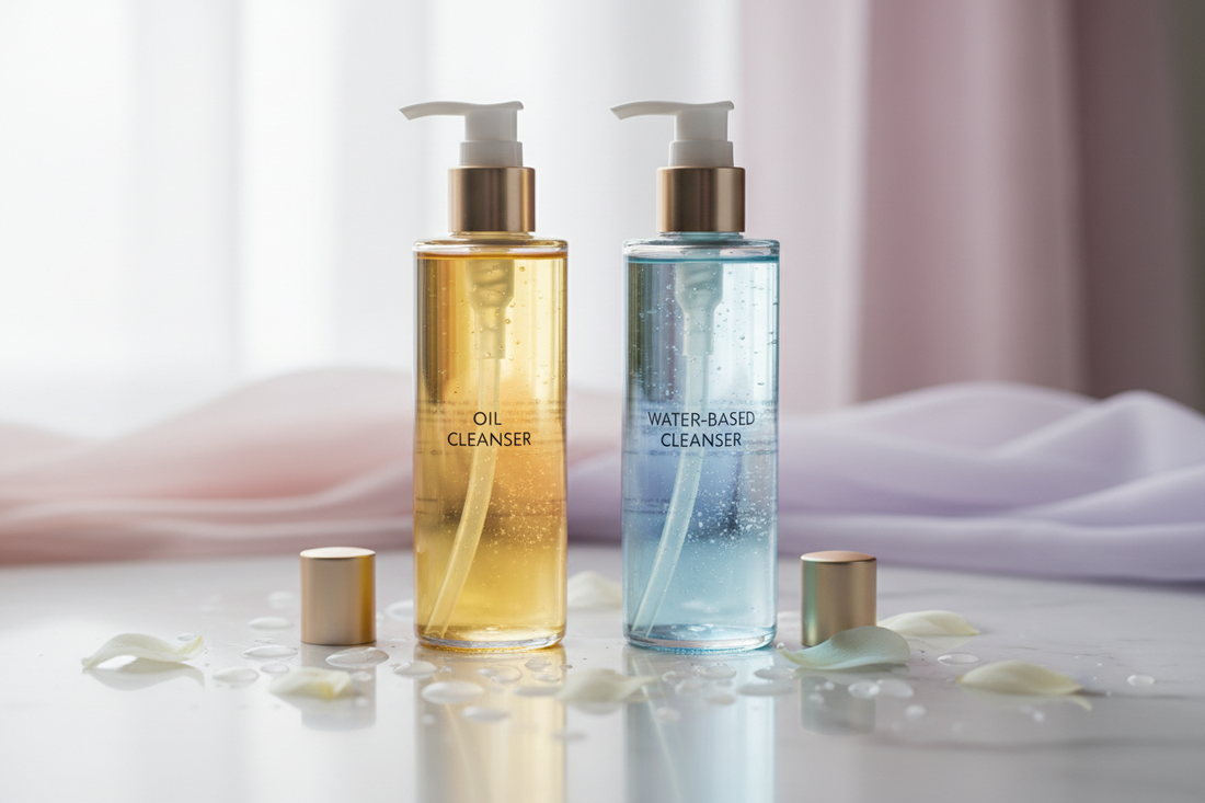 Luxurious double cleansing setup featuring oil-based and water-based cleansers on marble surface, demonstrating the Korean skincare method for clear, radiant skin