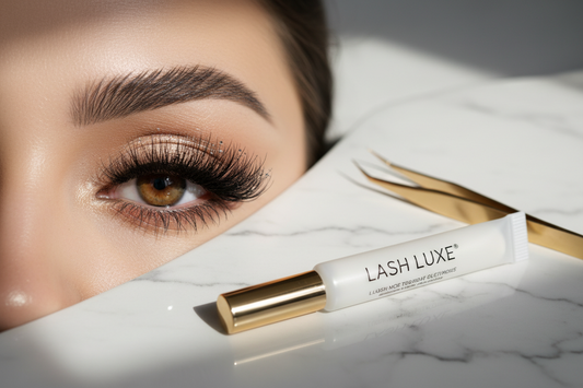 Complete guide to false lashes and lash adhesives showing professional application with wispy natural eyelashes, lash glue, and beauty tools