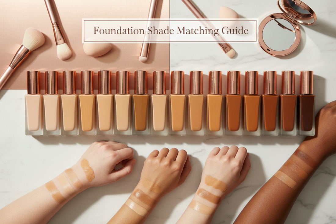 Foundation shade matching guide showing diverse range of foundation shades and swatches on different skin tones