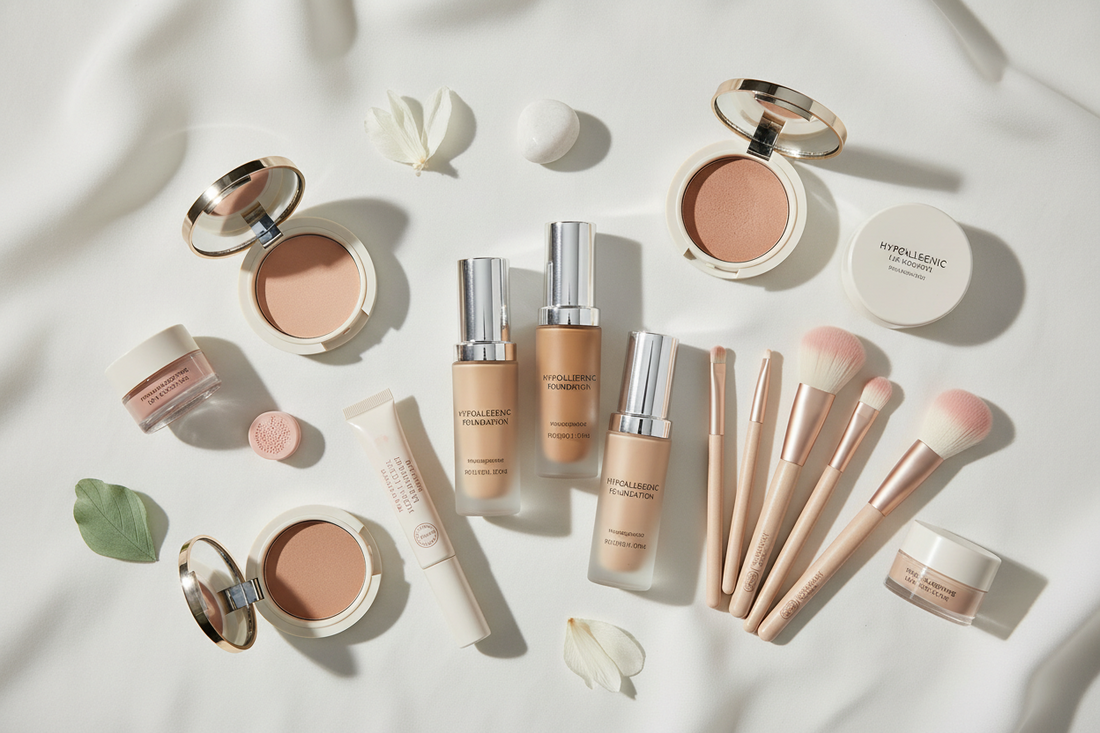 Gentle hypoallergenic makeup products for sensitive skin including mineral foundation, fragrance-free cosmetics, and soft makeup brushes arranged on a clean minimalist background