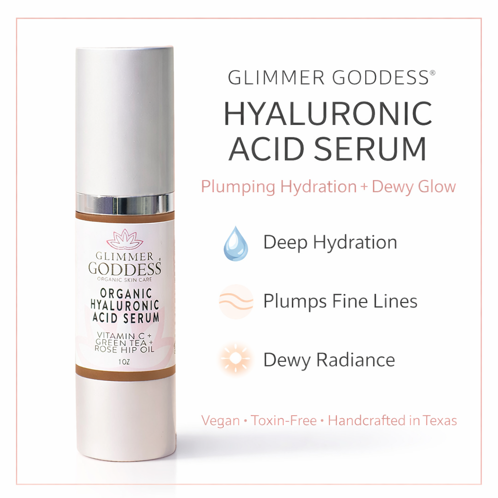La Glow Organic Hyaluronic Acid Serum 1oz bottle for deep skin hydration and plumping