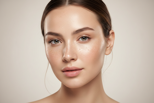 "Close-up portrait of a woman with flawless dewy glass skin and a natural glowing complexion achieved through a Korean K-Beauty skincare routine"