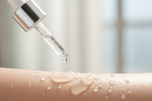 Hyaluronic acid serum droplets on hydrated dewy skin showing moisture and hydration benefits for skincare