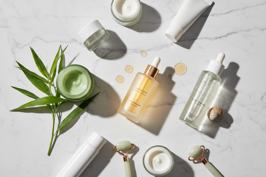 Editorial flat-lay of K-beauty skincare products on white marble — niacinamide serum, centella asiatica cica cream with tiger grass leaves, and snail mucin essence — the three most popular Korean beauty ingredients for glowing, healthy skin