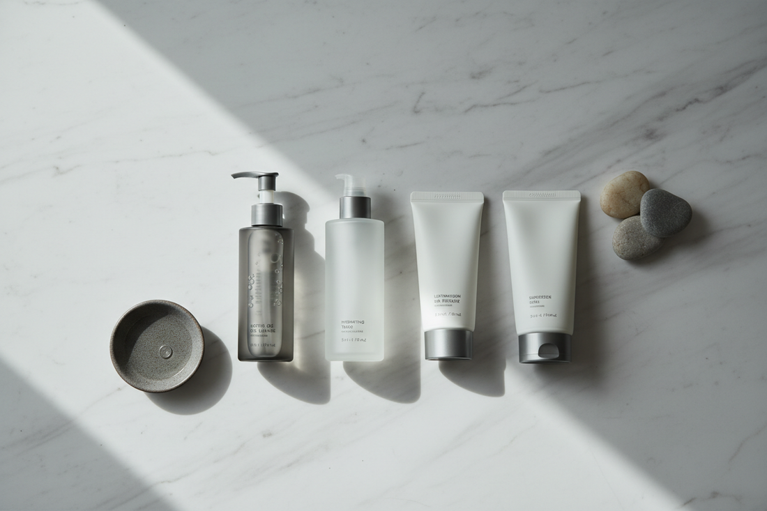 Minimalist K-beauty skincare routine for men featuring a gentle cleanser, hydrating toner, lightweight moisturizer, and SPF sunscreen arranged on a marble surface