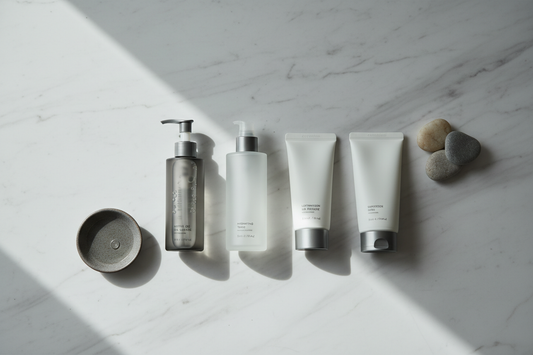 Minimalist K-beauty skincare routine for men featuring a gentle cleanser, hydrating toner, lightweight moisturizer, and SPF sunscreen arranged on a marble surface