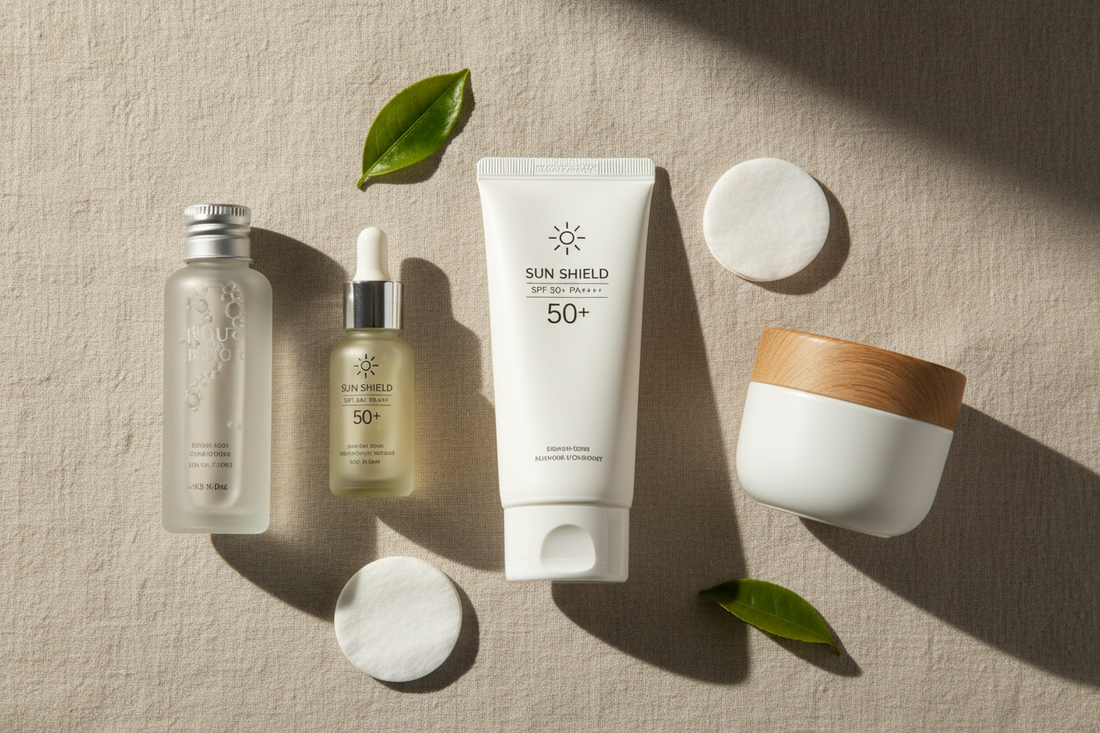 K-beauty sunscreen SPF 50 and skincare products flat lay on beige linen background with natural sunlight