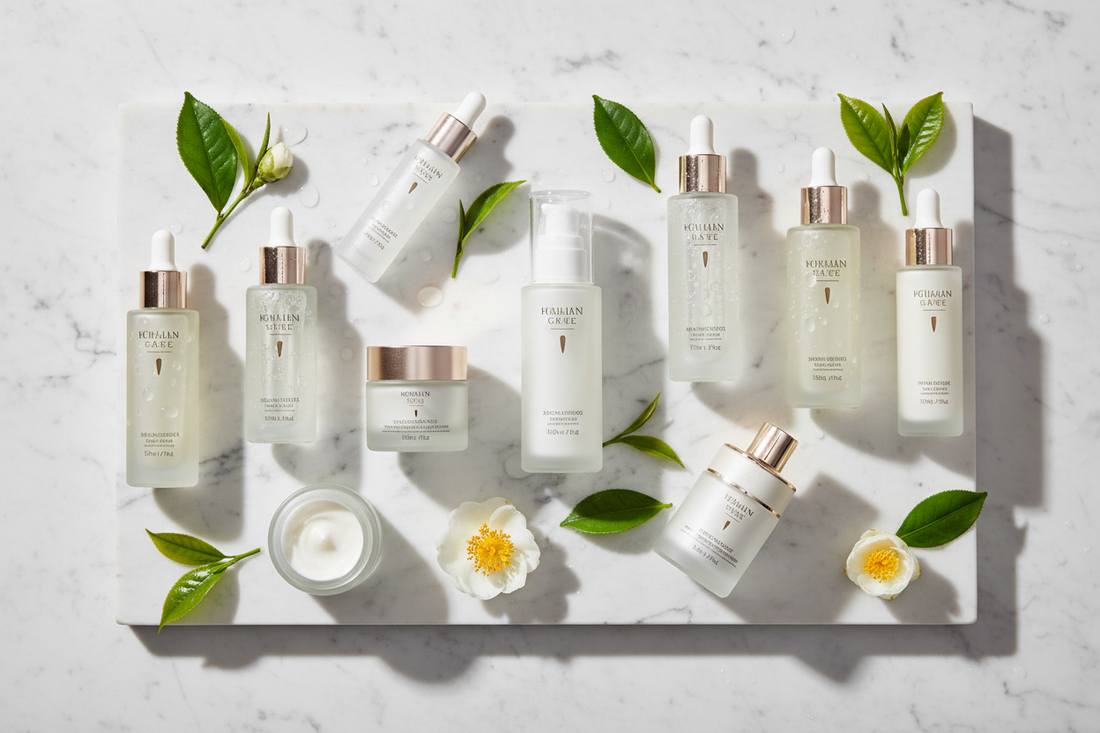 Luxurious Korean skincare products including serums, essences, and moisturizers arranged on white marble surface with green tea leaves and water droplets, representing the 10-step glass skin routine