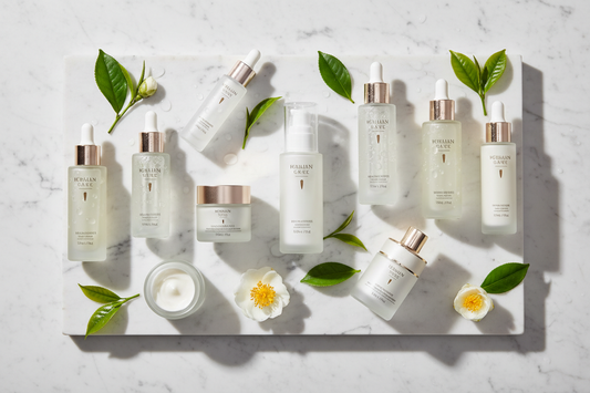 Luxurious Korean skincare products including serums, essences, and moisturizers arranged on white marble surface with green tea leaves and water droplets, representing the 10-step glass skin routine