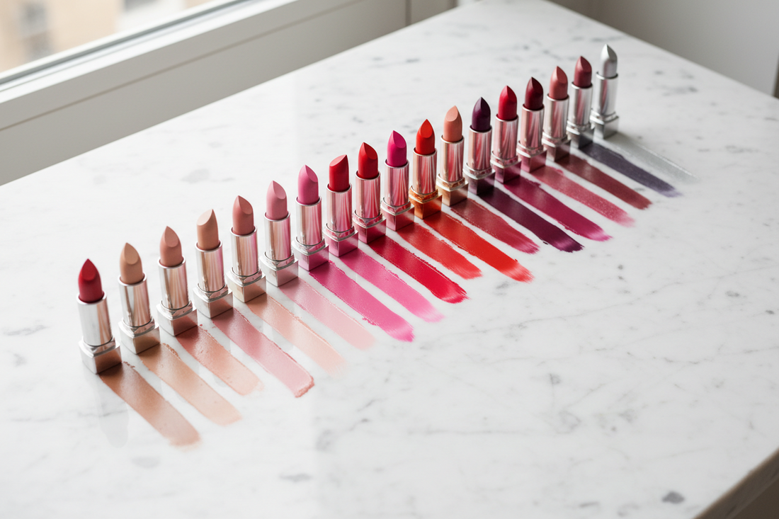 Diverse collection of over 500 lipstick shades ranging from nude beiges and soft pinks to bold reds and metallic finishes, elegantly displayed on white marble surface - complete lipstick color guide for all skin tones