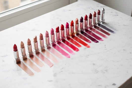 Diverse collection of over 500 lipstick shades ranging from nude beiges and soft pinks to bold reds and metallic finishes, elegantly displayed on white marble surface - complete lipstick color guide for all skin tones