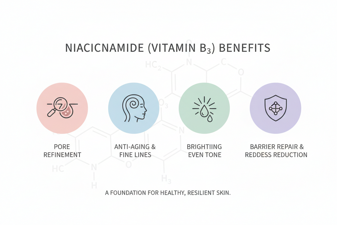 Professional infographic illustrating niacinamide skincare benefits including pore refinement, anti-aging, brightening, and skin barrier repair with modern minimalist design