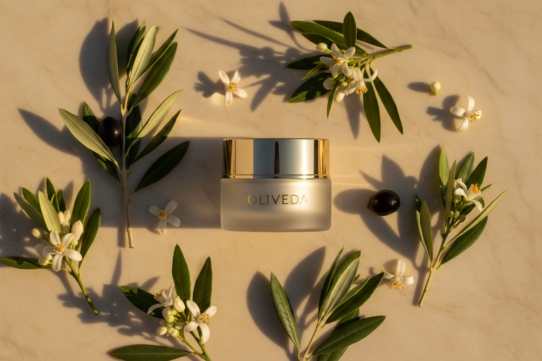 La Glow Olive Leaf and Neroli Moisturizer with olive branches and white blossoms on marble surface