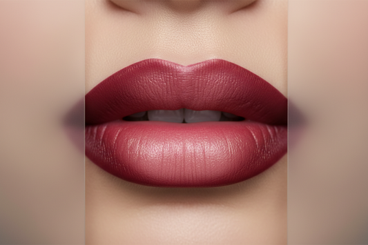 Close-up of ombre lips makeup showing gradient technique from dark berry outer edges to light pink center, demonstrating the trendy lip plumping effect