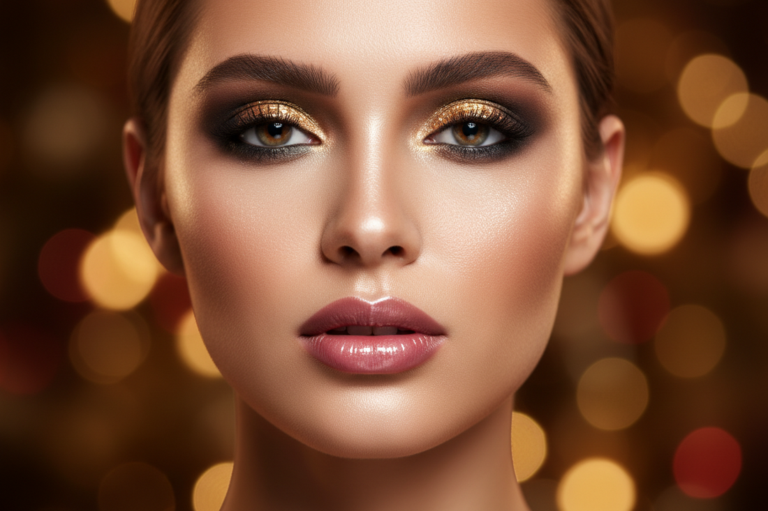 Glamorous party makeup featuring gold glitter eyeshadow, luminous highlighting on cheekbones, and glossy lips for special occasions