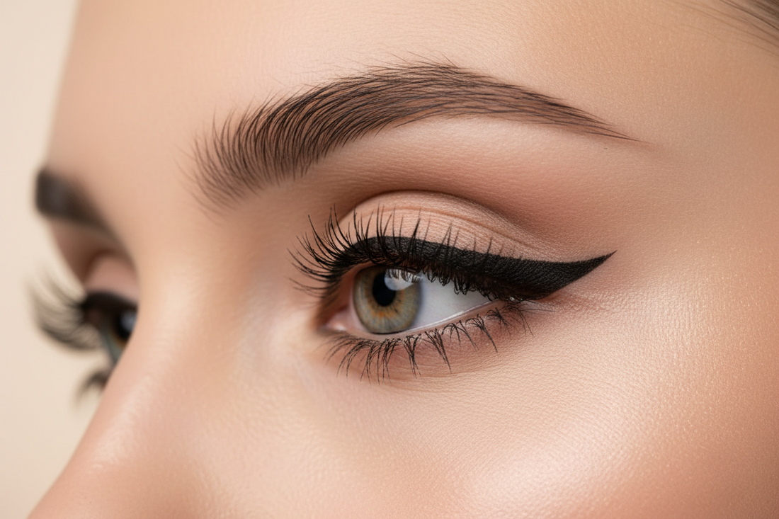 Close-up of eye with perfect winged eyeliner showing sharp, precise black wing extending from outer corner, demonstrating professional eyeliner application technique for makeup tutorial