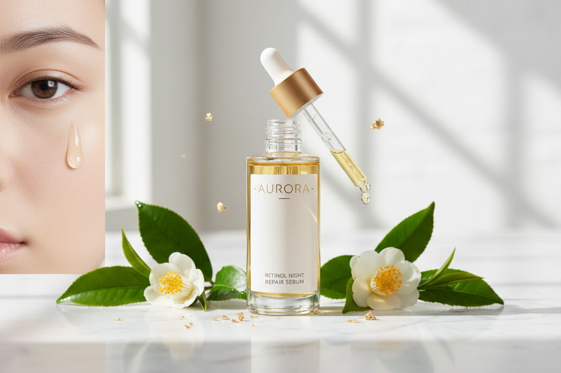 Luxurious retinol serum bottle on marble surface with dropper - beginner's guide to safe anti-aging skincare