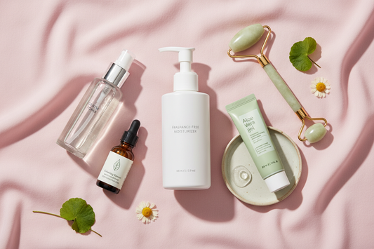 "Flat lay of fragrance-free Korean skincare products for sensitive skin including calming toner, centella asiatica serum, aloe vera gel, and moisturizer on a soft pink background"