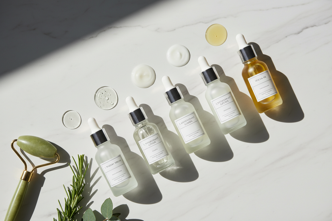 Skincare serum layering order showing different serum textures from watery to oil-based on marble surface - proper sequence for maximum absorption and results