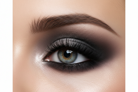 Close-up of perfectly blended smokey eye makeup in charcoal and black tones, showing professional gradient technique from dark outer corner to lighter inner corner with defined lashes