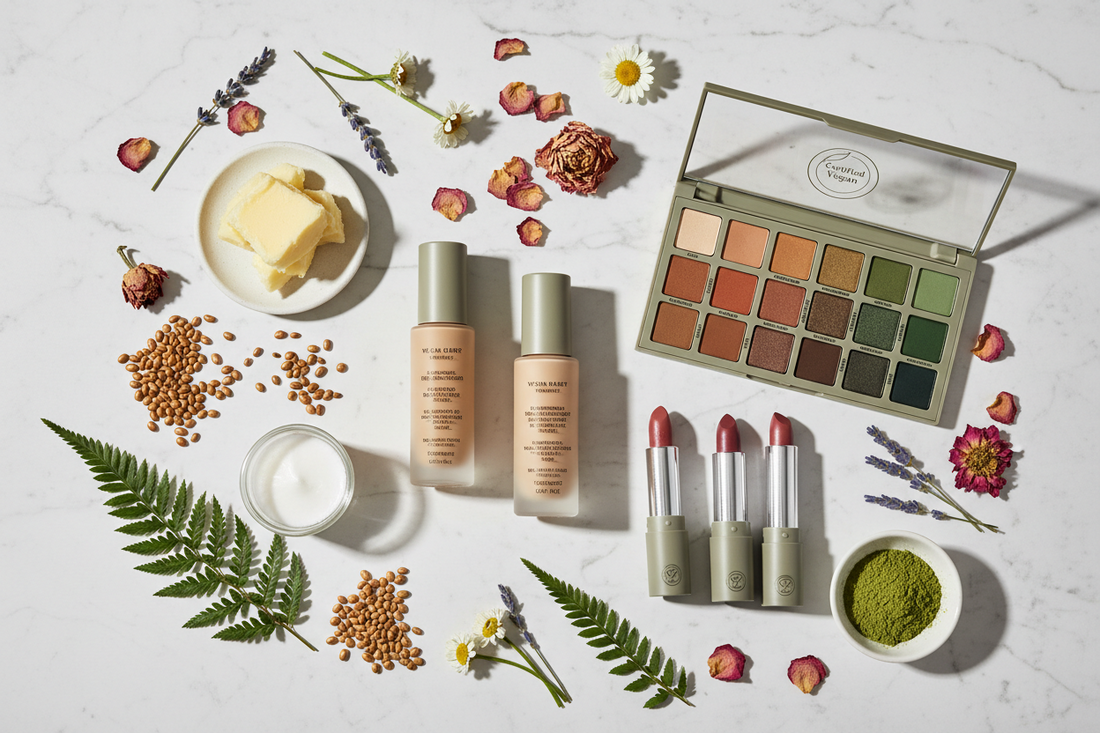Flat lay of vegan makeup products with ingredient lists surrounded by natural plant-based ingredients like shea butter, coconut oil and botanical flowers