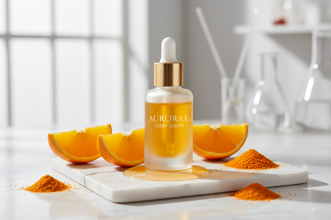 Luxury vitamin C serum bottle with fresh orange slices on marble surface demonstrating brightening skincare benefits