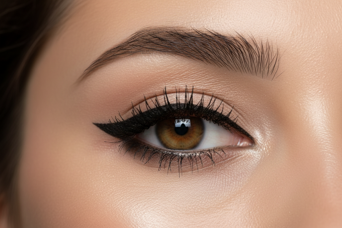 Close-up of perfect winged eyeliner application showing sharp cat eye technique with precise black liner wing on model's eye