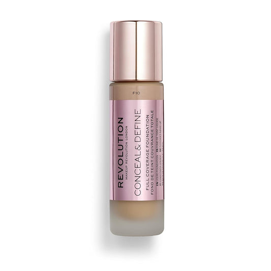 Makeup Revolution Conceal & Define Foundation, Cream Foundation Makeup, Full Coverage, For Medium Skin Tones, Vegan & Cruelty-Free, F10, 23ml