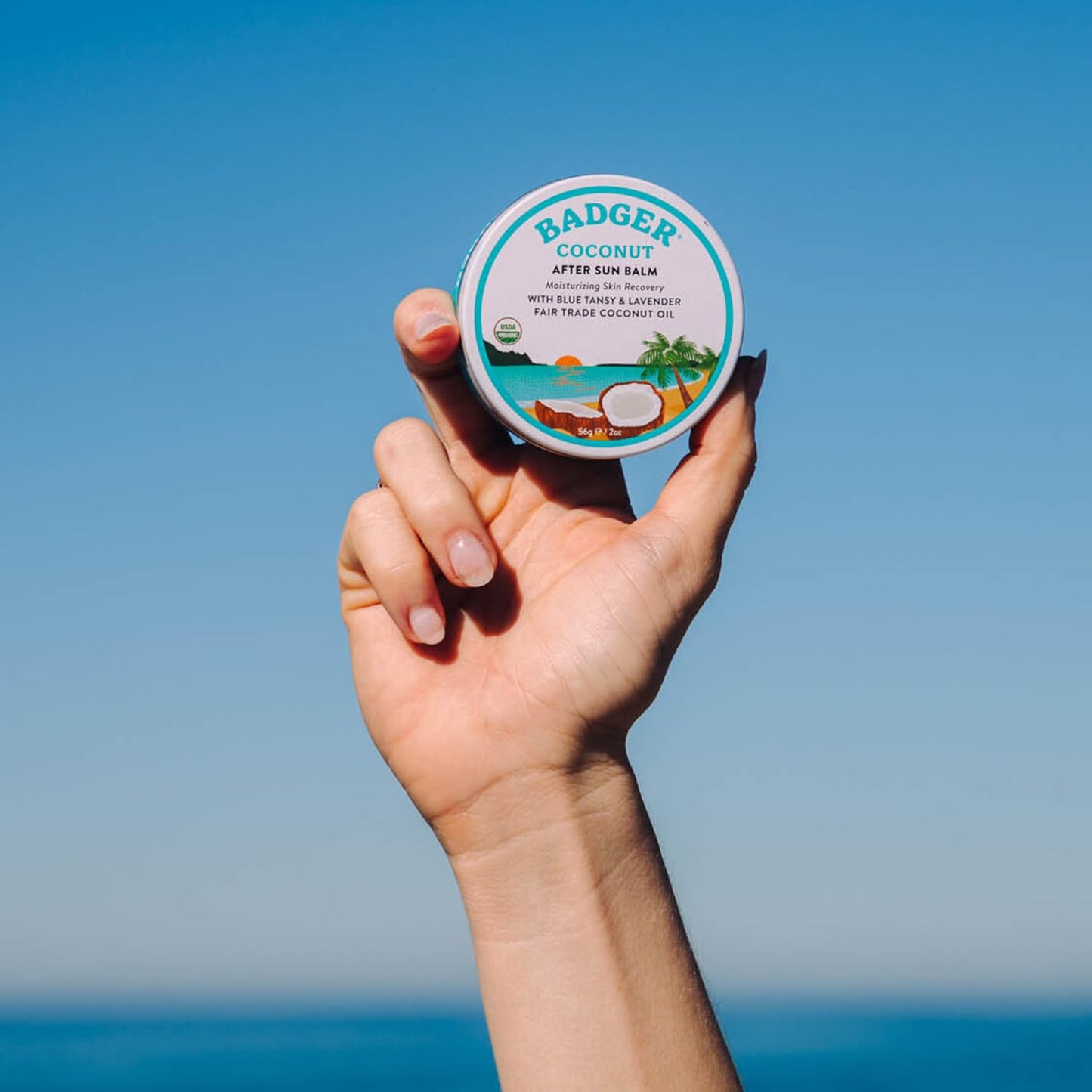 Badger Coconut AfterSun Balm, 100% Organic Soothing Sunburn Relief, Great Smelling, Moisturizing & Hydrating After Sun Skin Care, 2 oz Tin