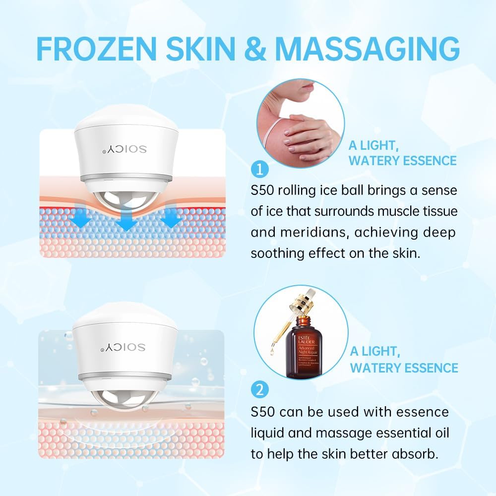Ice Roller for Face and Eyes Body, Facial Ice Roller 360° Rotating Stainless Steel Ball Face Massager Fitness Cryosphere for Reduces Puffiness, Redness and Pain, Beauty Skin Care Tools