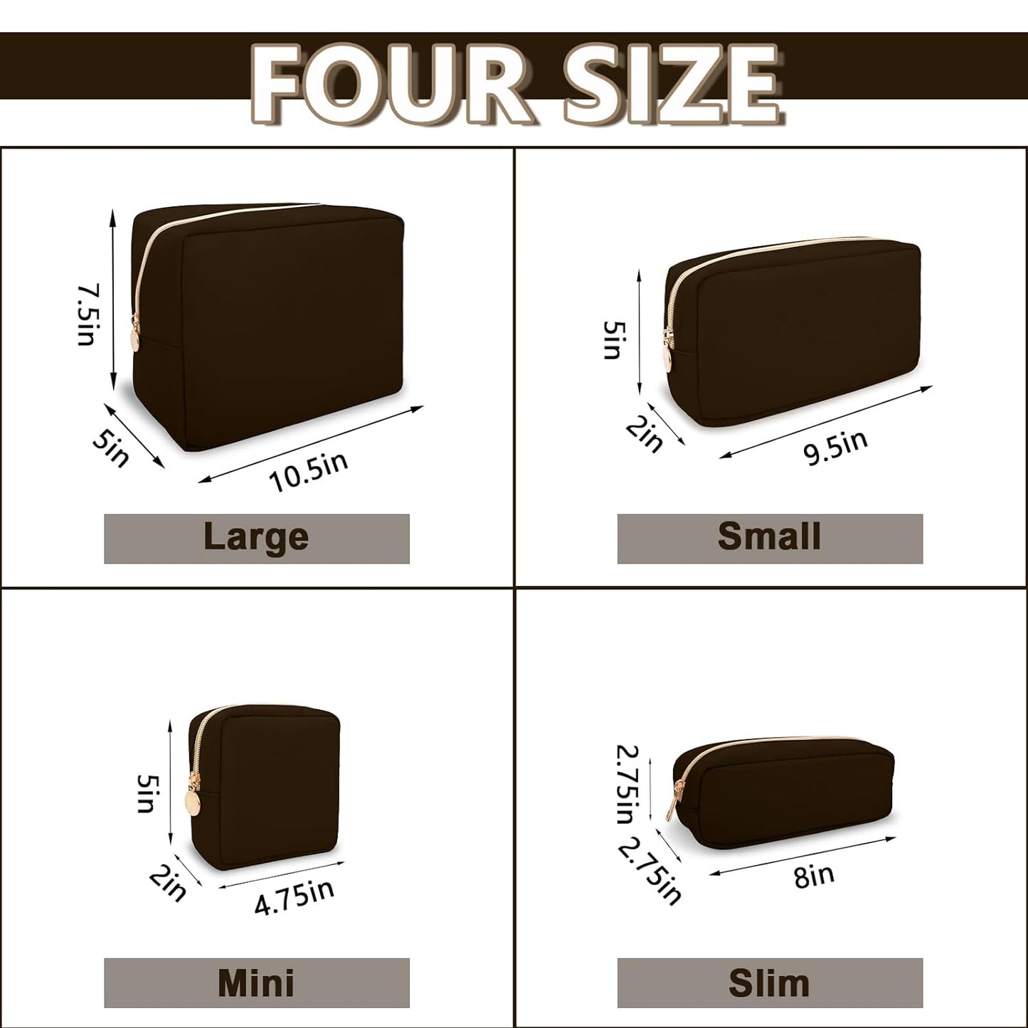Large Makeup Bag Pouch,Nylon Women Travel Toiletry Storage Bag Preppy Cosmetic Bag for Girls,Big Makeup Organizer Bag Cute Zipper Pouch Skincare Bag for Sport Work Gift(Large-Chocolate)