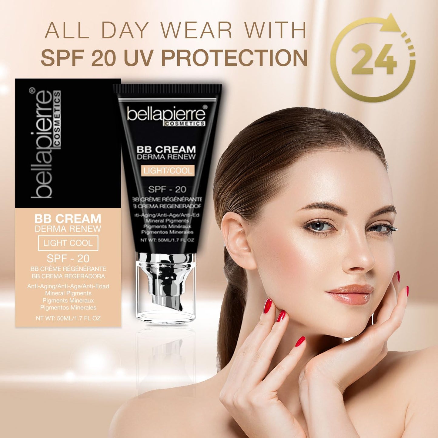 bellapierre BB Cream with SPF 20 - Tinted Sunscreen, Concealer, Matte Foundation, & Moisturizing Face Cream | Lightweight Formula + Pump Top Applicator | Non-Toxic & Paraben Free | 1.7 Oz - Light