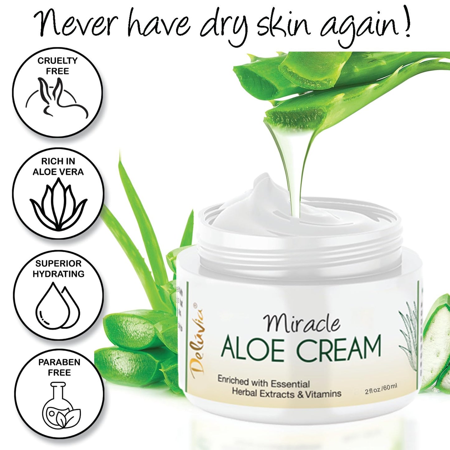 Deluvia Miracle Aloe Cream | Face & Body Moisturizer with Vitamin E & Organic Aloe Vera (2 Ounce (Pack of 1), Unscented)