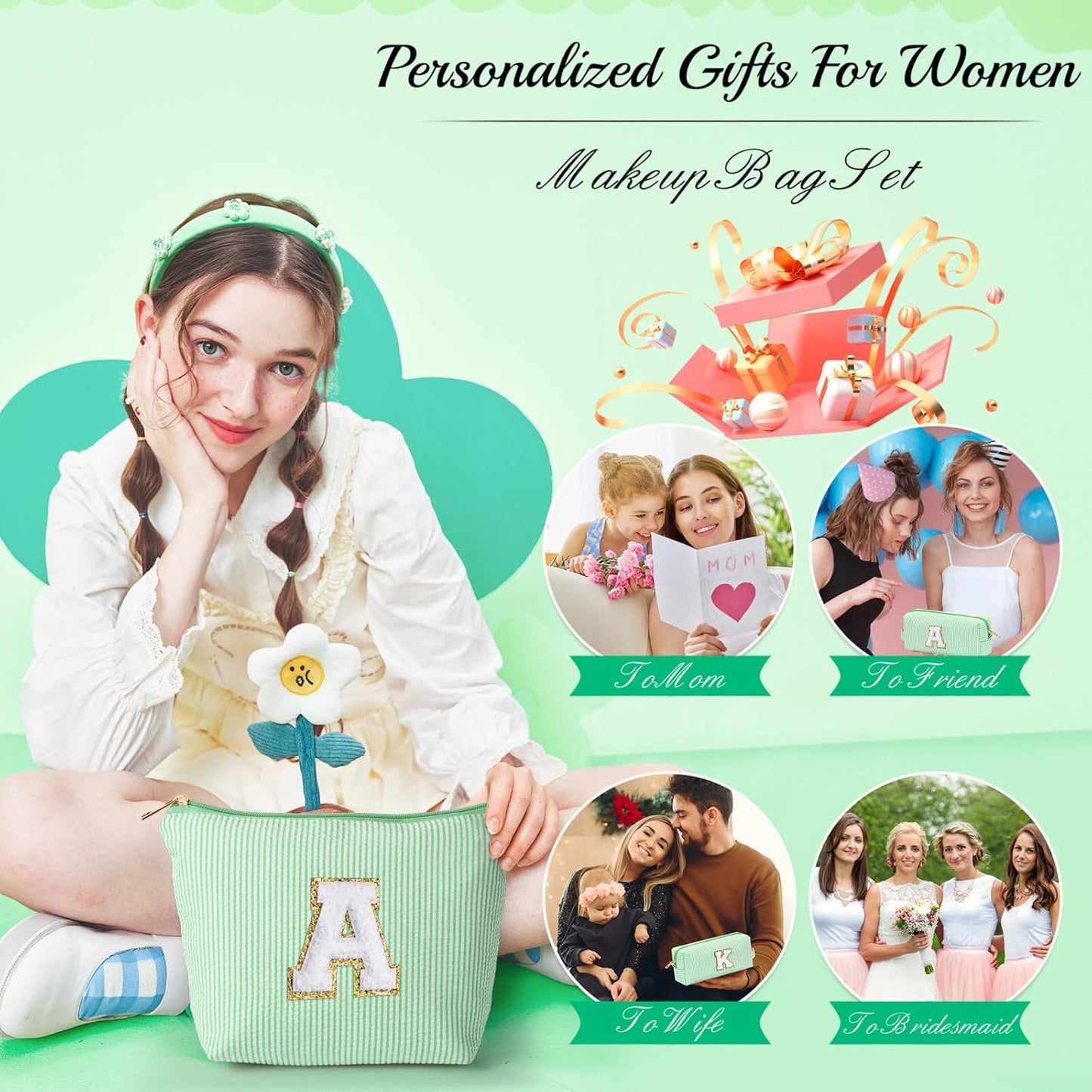 YOOLIFE Cute Makeup Bag for Girls Women - Teenager Girl Gift Ideas | Initial Make Up Bag | Personalized Gifts for Women Friends | Skin Care Bag | Mothers Day Gifts | Tween Girls Trendy Stuff J