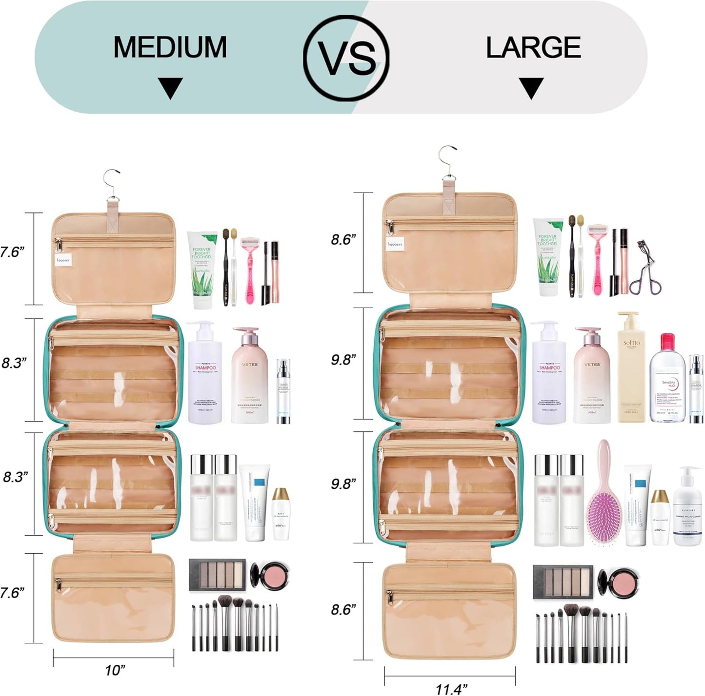 Travel Hanging Toiletry Bag for Women, Large Makeup Bag 8 Leak Proofing Silicone Bottle Covers, Waterproof Cosmetic Bag with Jewelry Organizer Compartment, Toiletries Kit Set, Blue
