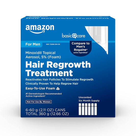 Amazon Basic Care Minoxidil Topical Aerosol, 5% Foam, Hair Regrowth Treatment for Men, 6-month Supply, Unscented, 2.11 oz (Pack of 6)