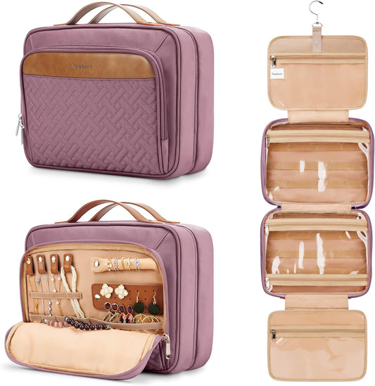 Travel Hanging Toiletry Bag for Women, Extra Large Makeup Bag, Holds Full-Size Shampoo, with Jewelry Organizer Compartment, Waterproof Cosmetic Bag, Toiletries Kit Set with Trolley Belt, Dark Purple