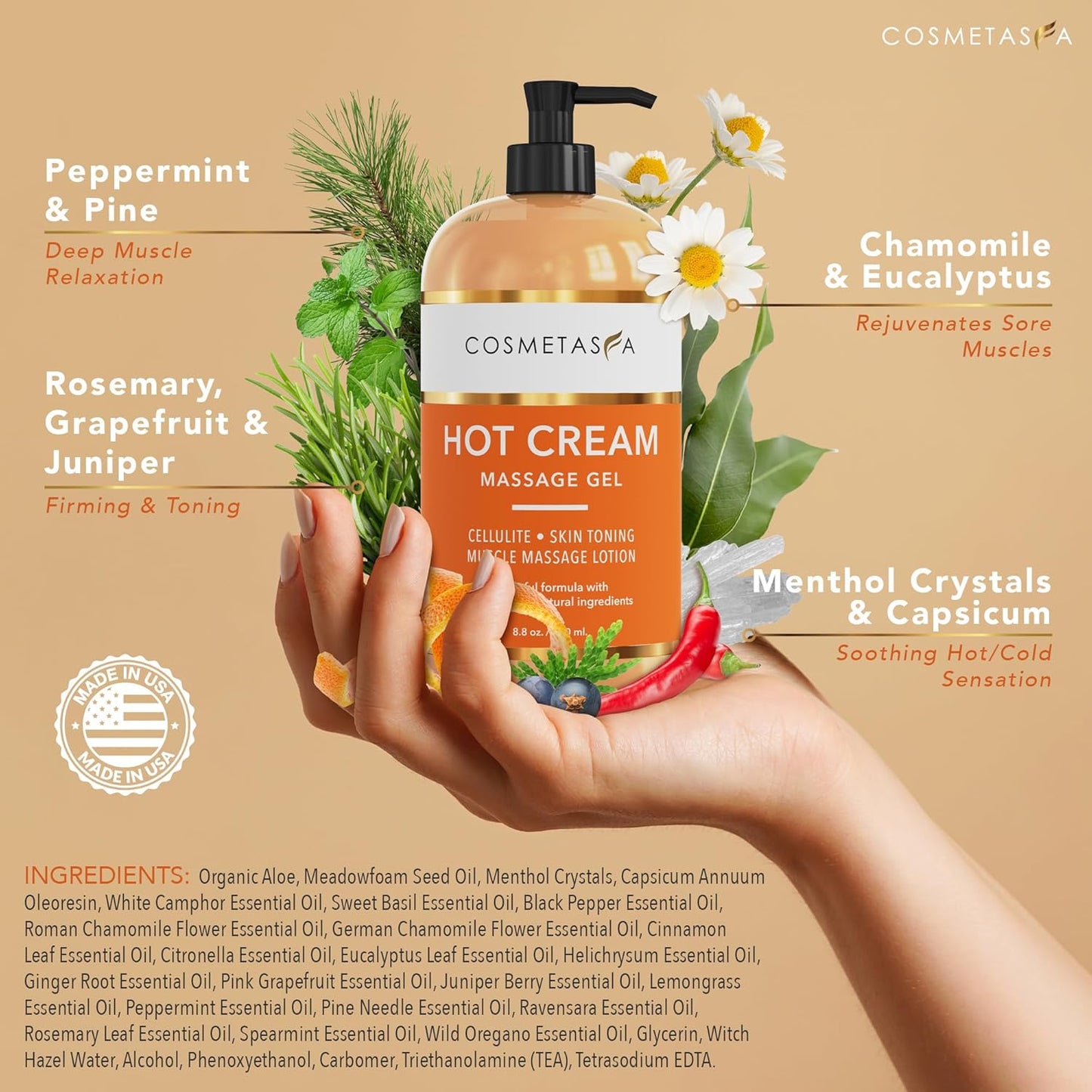 Cosmetasa Hot Belly Cream- 87% Organic Cellulite Cream - Natural Sweat Massage Gel for Stomach, Abdomen, Sore Joints, Muscles, Workout (8.8 oz)