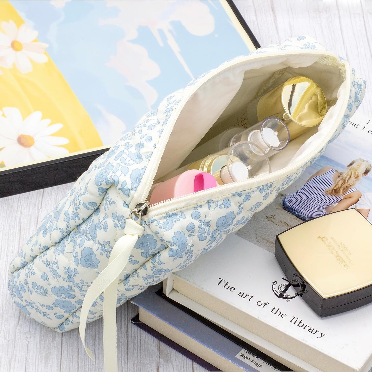 PAZIMIIK 3PCS Makeup Bag SET Large Travel Quilted Zipper Soft Cosmetic Case Pouch for Women Girls Make Up,Little Flower Blue