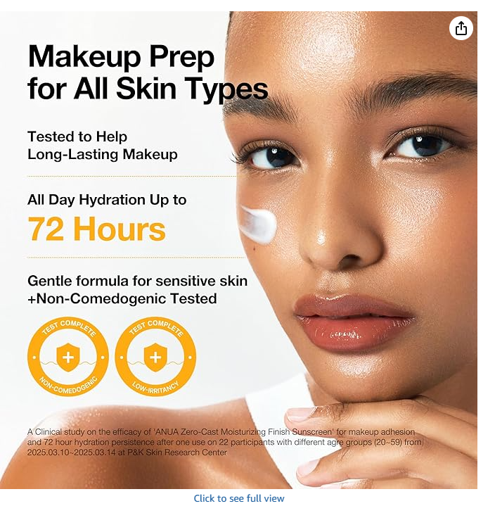 ANUA Zero-Cast Sunscreen - Makeup prep, 72 hour hydration, non-comedogenic