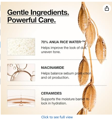 ANUA Rice 70 Glow Milky Toner - Gentle ingredients: 70% rice water, niacinamide, ceramides