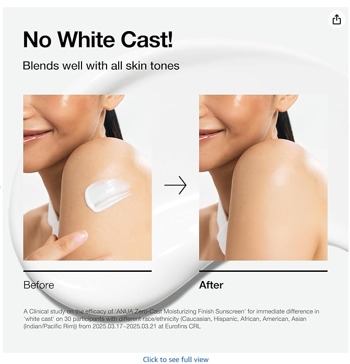 ANUA Zero-Cast Sunscreen - No white cast, blends with all skin tones