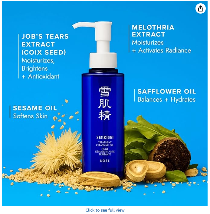 SEKKISEI Treatment Cleansing Oil - Key Ingredients: Job's Tears, Melothria, Safflower Oil, Sesame Oil
